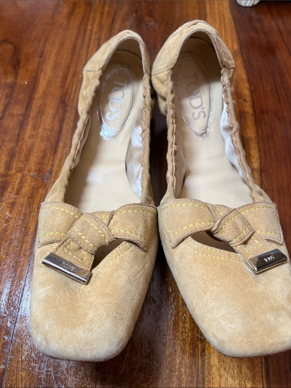 Tod's Camel Suede Knot-Front Ballet Flats